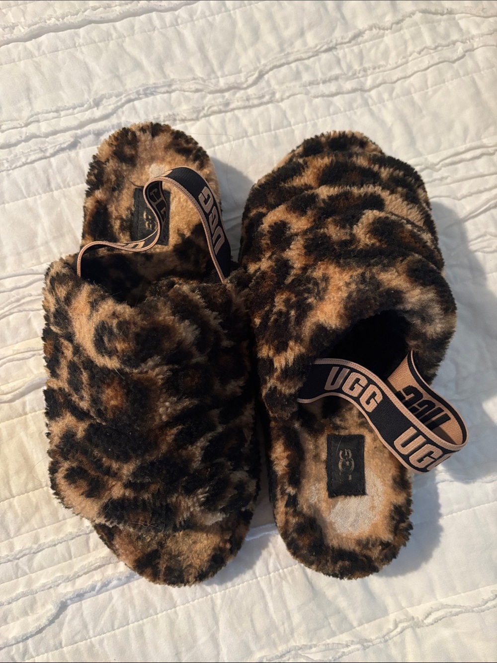 UGG Leopard Faux Fur Slide Sandals in Brown and Black